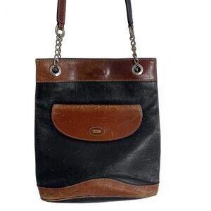 Vintage Genuine BALLY Pebbled Black Leather Brown Leather Trim Bag